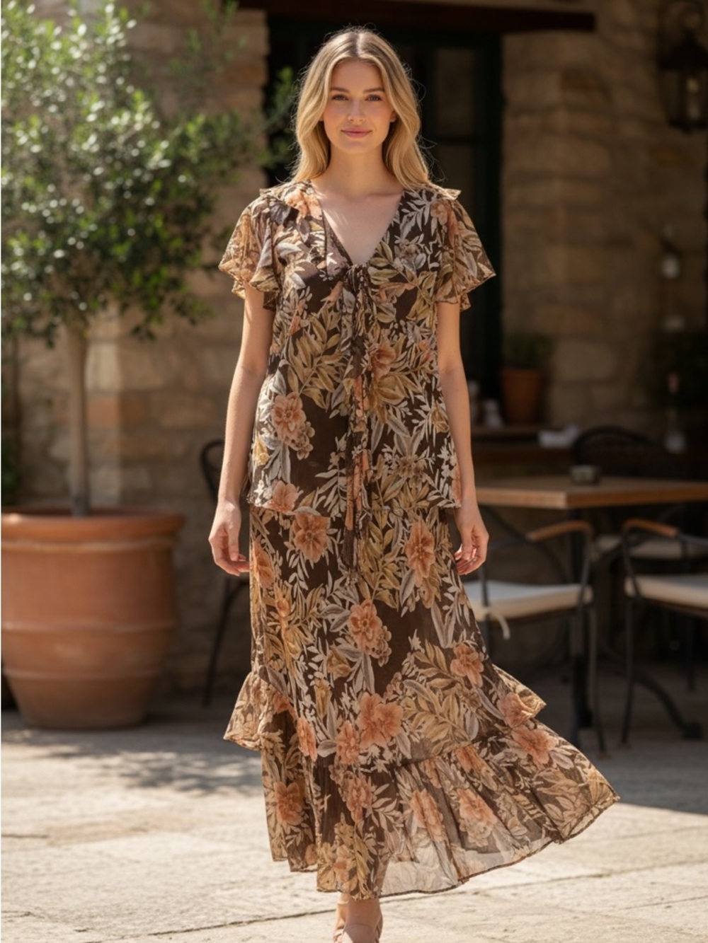 Adrianna Papell Woman 18W 2 Piece Set Shirt & Maxi Skirt Brown Floral Silk Lined
